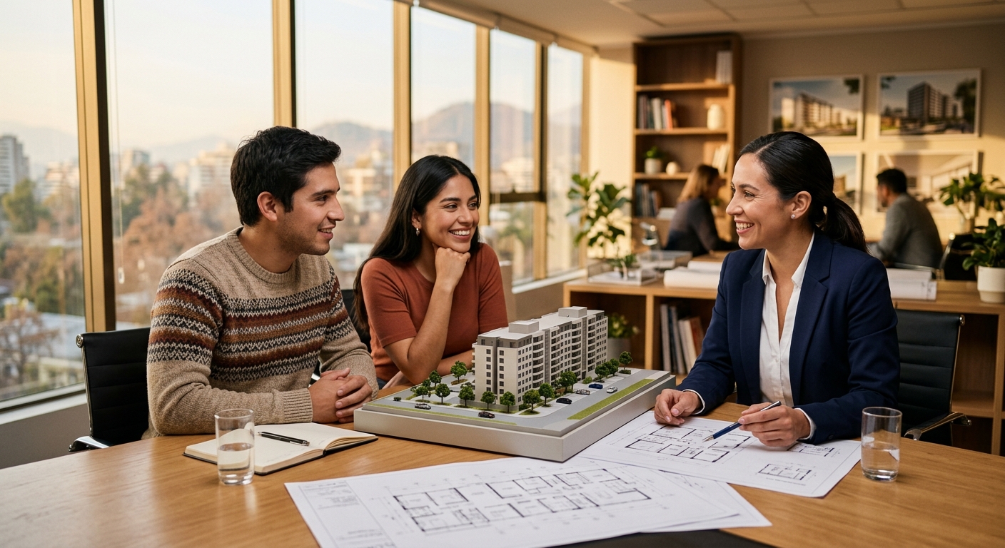 Asesora OKeyTuCasa orientando a una pareja con maqueta y planos de su futura vivienda